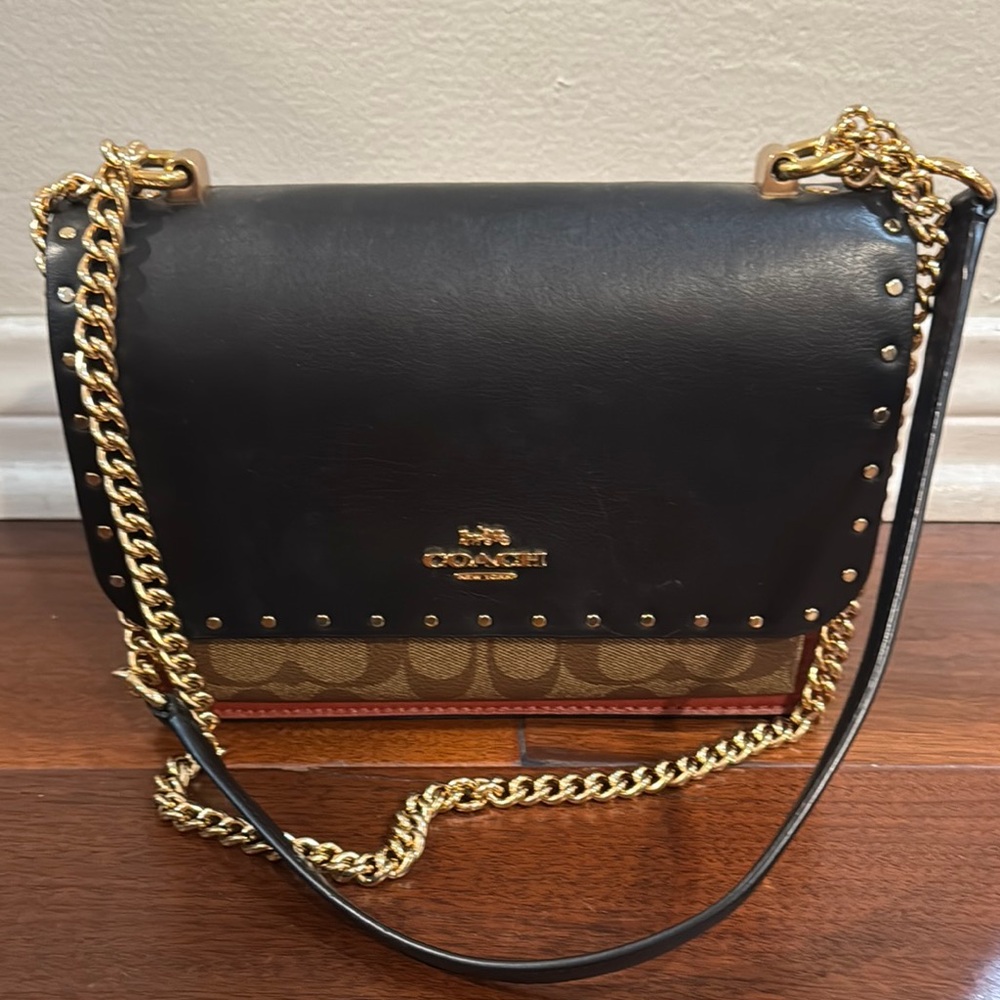 Coach Black and Tan Crossbody Bag with Gold Chain